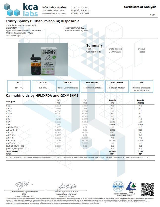 Trinity Hemp 6 Gram Spinny Dual Flavor THCA Disposable Durban Poison & Girl Scout Cookies