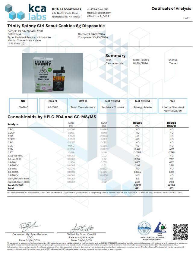 Trinity Hemp 6 Gram Spinny Dual Flavor THCA Disposable Durban Poison & Girl Scout Cookies